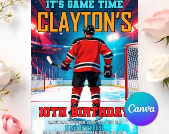 Editable Ice Hockey Birthday Invitation, Boys Hockey Party, Sports Themed Invite, Skating Birthday, Canva Template, Digital Download