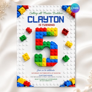 5th Building Blocks Birthday Invitation, Bricks Party Invite, Master Builder Birthday Party, Editable Canva Template
