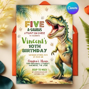Five A-Saurus Birthday Invitation, T-Rex Dinosaur Party Invite, Dino Stomp Bday, Jungle Adventure, Editable Canva Template