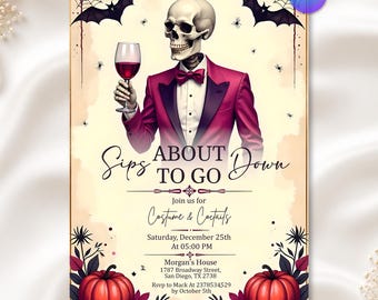 Puede incluir: Una invitación para fiesta de Halloween con un esqueleto en esmoquin magenta sosteniendo una copa de vino. El texto dice Sips About To Go Down, Join us for Costume & Cocktails, Saturday, December 25th, 05:00 PM, Morgan's House, 1787 Broadway Street.