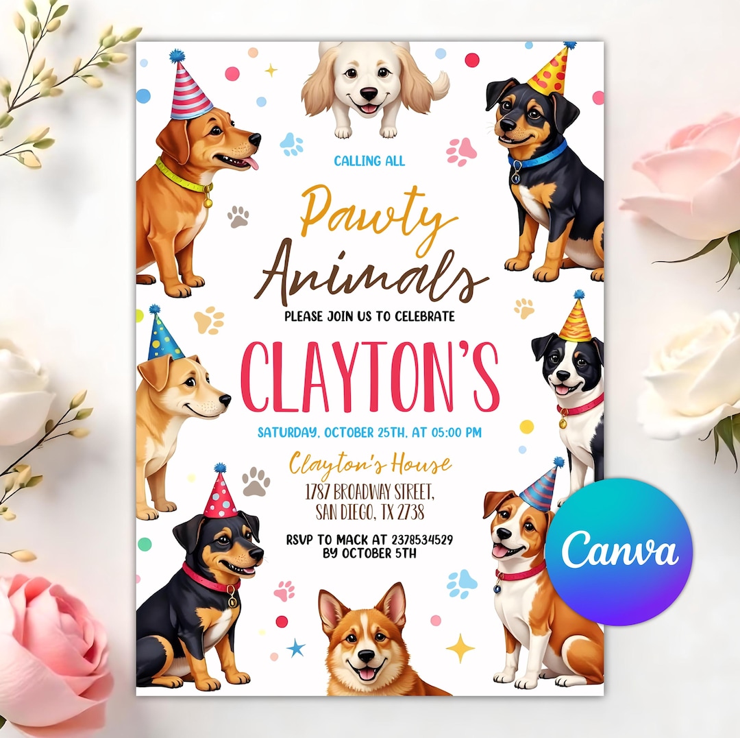 Editable Pawty Animals Birthday Invitation, Dog Theme Party Invite ...