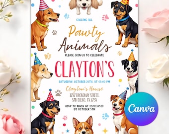 Invito di compleanno modificabile con animali, invito per festa a tema cani, festa di compleanno per bambini con cuccioli, modello Canva per compleanno di amanti degli animali