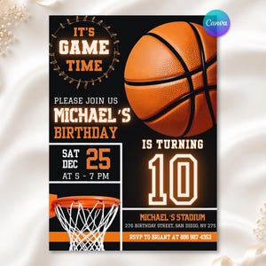 Basketball Birthday Invitation, Sports Party Invite, Sports Theme, Kids Birthday Party, Editable Canva Template