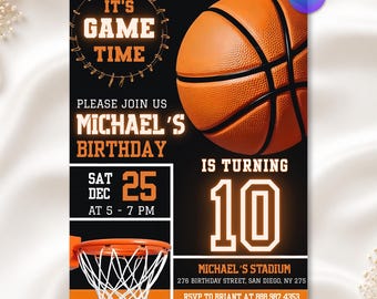 Basketball Birthday Invitation, Sports Party Invite, Sports Theme, Kids Birthday Party, Editable Canva Template