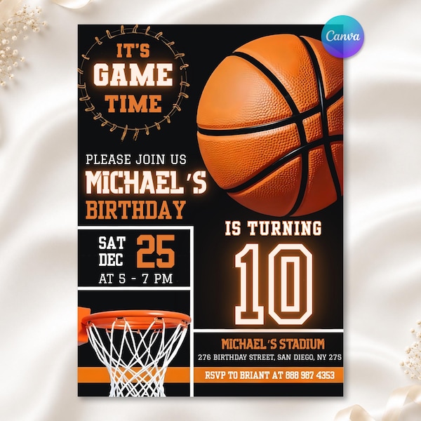 Basketball Birthday Invitation, Sports Party Invite, Sports Theme, Kids Birthday Party, Editable Canva Template