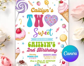 Two Sweet Birthday Invitation,2nd Birthday Girl Invitation, Candy Sweets Donut Ice Cream Cupcake, Desert Invite, Editable Canva Template