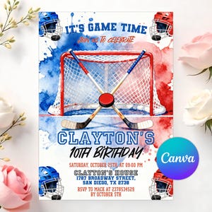 May include: A hockey-themed birthday invitation with a watercolour design. It features a hockey net, crossed sticks, and a puck. The text reads "IT'S GAME TIME" and "CLAYTON'S 10TH BIRTHDAY". The invitation includes the party details.