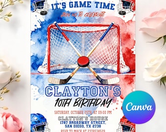 Invito di compleanno a tema hockey, invito per festa a tema hockey su ghiaccio, tema sportivo stampabile, download digitale modificabile, modello Canva
