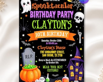 May include: A black Halloween-themed birthday party invitation for Clayton's 10th birthday. It features a ghost, skull, spider web, tombstone, orange pumpkin, and purple haunted house. Text includes event details, date, time, and location.