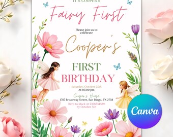 Fairy First Birthday Invitation, Fairy Invitation, Girls Birthday Party Fairy Invite, 1st Birthday Girl, 2nd 3rd 4th 5th 6th Rainbow Fairies
