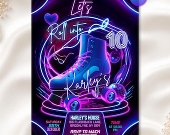 Editable Roller Skating Invitation, Glow Party Birthday Invitation, Glow Gender Neutral Invites, Glow Roller Skating Party, Neon Party