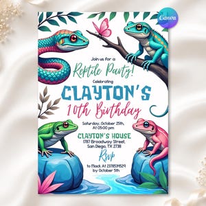 Reptile Birthday Invitation, Girl Lizard Party Invite, Snake Show Digital Card, Zoo Animal, Editable Canva Template
