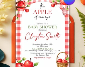 The Apple of Our Eye Baby Shower Invitation Template, Editable Fall Apple Rustic Invite, Homegrown Digital Canva Download