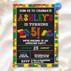 May include: A rectangular birthday party invitation with a black chalkboard background and a colorful border of interlocking plastic building blocks. The text reads: JOIN US TO CELEBRATE ASHLEY'S IS TURNING 5! WE'RE BUILDING UP AN AWESOME PARTY!