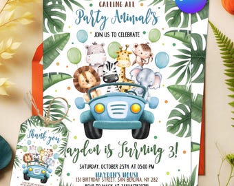 Safari Animals Birthday Invitation,Jungle Party Invite, Wild One Birthday, Cute Animal Car Theme, Kids  Invitation, Editable Canva Template