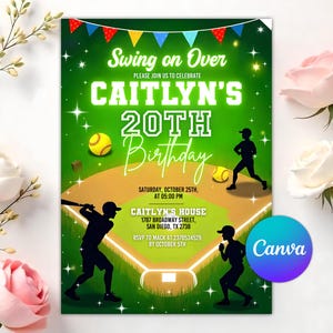Editable Softball Invite, Softball Birthday Invitation, Any Age Editable Digital Template, Printable Bday Party Card, Instant Download