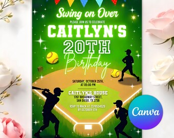 May include: A baseball-themed birthday invitation with a green background and baseball field graphic. The invitation reads "Swing on Over" and celebrates Caitlyn's 20th birthday. Includes event details and RSVP information.
