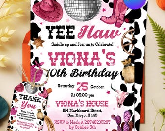 Invitación de cumpleaños de vaquera, fiesta en Nashville, invitación de fiesta de vaquera rosa, cumpleaños de vaquera espacial, invitación de rodeo disco, plantilla editable de Canva