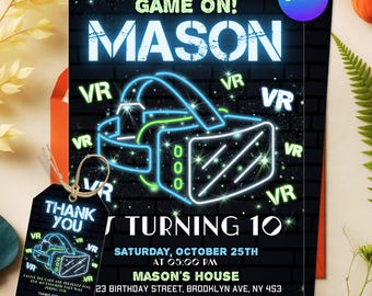 VR Birthday Invitation, Glow VR Invitation, Virtual Reality Invite, Video Game Birthday Party, Neon Gamer, Editable Canva Template