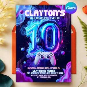 Gamer Boy 10th Birthday Invitation, Neon Video Game Level Up Template, Headphones Glow Party Evite, Editable Canva, Instant Download