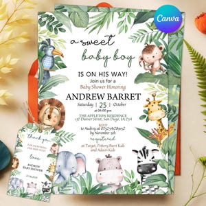 Convite para Chá de Bebê com Tema de Selva, Convite Editável com Animais da Selva, Modelo de Convite Unissex com Tema de Selva, Convite para Chá de Bebê com Animais da Selva
