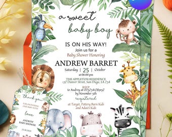 Invito per baby shower a tema giungla, invito modificabile con animali della savana, modello di invito safari neutro, invito safari con animali della giungla