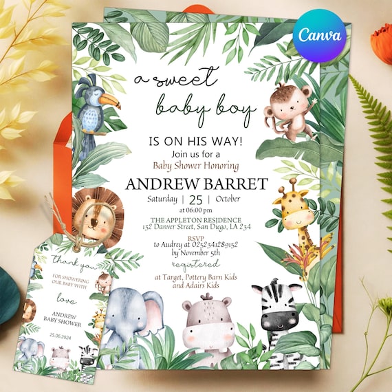 Jungle Baby Shower Invitation, Editable Safari Animals Invite, Gender Neutral Safari Invite Template, Jungle Animals Safari Invitation