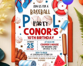 Baseball Pool Birthday Party Invitation, Summer Pool Party, Sport Birthday Party, Baseball Invitation, Editable Baseball Pool Party