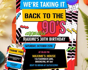 Convite de aniversário editável dos anos 90, De volta aos anos 90, Convite para festa neon, Convite de aniversário dos anos 2000, Todo o texto é editável, Discoteca, Neon retrô