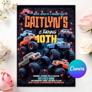 Monster Truck Birthday Invitation, Monster Jam Birthday Invite, Boy Truck Theme Party, Canva Template, Editable Printable