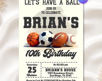 Invitation d'anniversaire sur le thème du sport, invitation pour une fête d'anniversaire festive, baseball, football, soccer, basketball, tous âges, modèle Canva modifiable