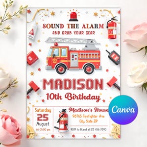 Puede incluir: Una invitación de cumpleaños con una ilustración de un camión de bomberos rojo. La invitación incluye el texto "SOUND THE ALARM AND GRAB YOUR GEAR" y "MADISON 10th Birthday". Detalles adicionales incluyen la fecha, hora y lugar.