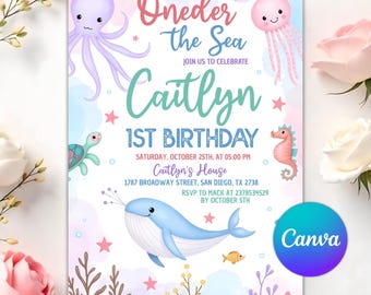 Oneder the Sea Birthday Invitation, Under the Sea Editable Template, 1st Birthday, Ocean Animals Girls Under the Sea Invite, Editable Canva