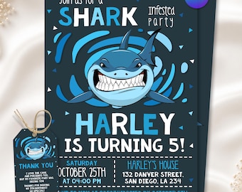 Shark Birthday Invitation, Under the Sea Party Invite, Pool Birthday Party, Ocean Theme, Kids Invitation, Editable Canva Template