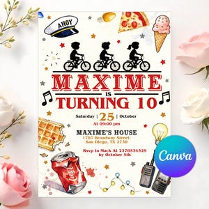 May include: A birthday party invitation with the text "MAXIME IS TURNING 10". The design includes illustrations of children on bikes, food items, and nautical elements. The date is October 25th.