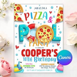 Pizza Pool Birthday Party Invitation, Pool Party Invitation, Pizza Pool Invitation, Pool Birthday Party Invite, Editable Canva Template