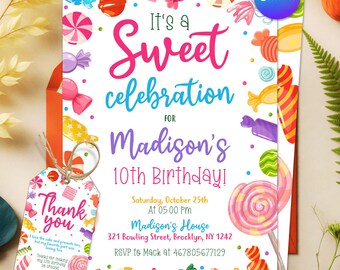 Editable Sweet Celebration Birthday Invitation, Candy Land Invitation, Candy Birthday Party Invitation, Candyland, Printable Canva Template