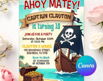 以下が含まれることがあります： 「Ahoy Matey!」と「キャプテン・クレイトンは10歳になります」というテキストが入った海賊をテーマにした誕生日パーティーの招待状。デザインには海賊船、宝箱、イベントの詳細が含まれています。招待状はビーチの背景に設定されています。