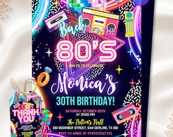 Invitation d'anniversaire années 80, Retour aux années 80, Invitation pour une soirée rétro, Soirée d'anniversaire fluo, Soirée dansante lumineuse, Anniversaire années 2000, Modèle Canva modifiable