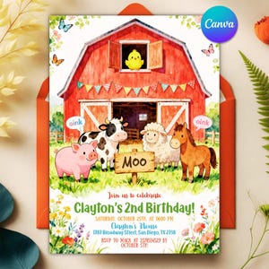 Bauernhoftiere Geburtstagseinladung, Barnyard Freunde Junge Mädchen Party einladen, Rote Scheune süße Kuh Schwein Schaf Bday, bearbeitbare Canva Vorlage