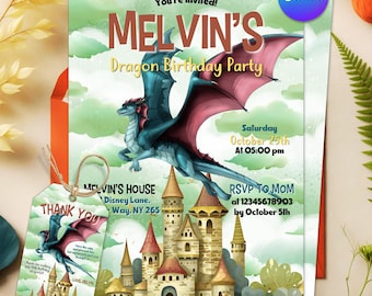 Dragon Birthday Invitation, Editable Magical Castle Invitation, Dragon Birthday Party Invite, Printable, Instant Download