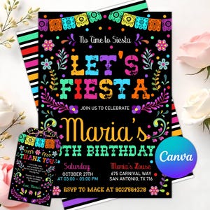 Fiesta Birthday Party Invitation Template, Mexican Birthday Invitation, Bright Colorful Florals, No time to Siesta Let&#39;s Fiesta, Girl Invite
