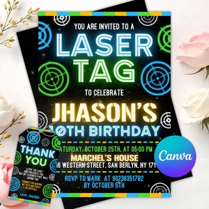 Editable Laser Tag Birthday Invitation, Laser Tag Party Invite Template, Neon Glow Birthday Invitation, Neon Laser Party Invitation