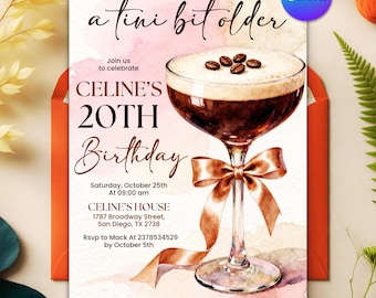 A Tini Bit Older Birthday Invitation, Espresso Martini Cocktail Party, Elegant Red Bow Coquette Invite, Editable Canva Template