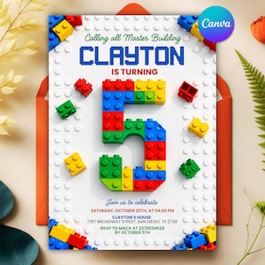 May include: A birthday invitation card featuring a white background with a textured building block pattern. The text reads: Calling all Master Building CLAYTON IS TURNING 5. Includes event details for Saturday, October 25th at 04:00 PM at Clayton's house.