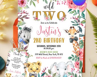 Safari Girl Birthday Invitation: Two Wild Jungle Animals, Editable Canva (Digital Download)