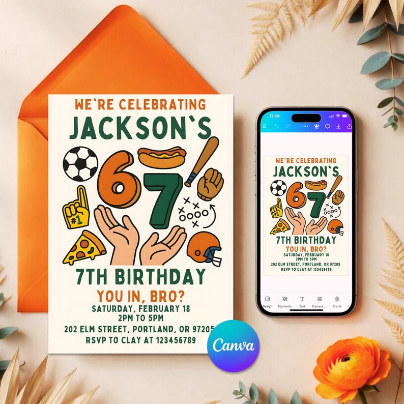 Funny 6-7 Birthday Invitation, You In Bro Viral Meme Party, Sports Theme 7th Birthday Boy, Six Seven Invite, 67 invitation,boys birthday party,six seven birthday,6 7 birthday invite,7th birthday invite,kids birthday invite,sports birthday,meme birthday invite,funny kids birthday,any age invitation,trending viral meme,baseball basketball,six seven invite