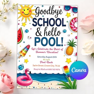 Plantilla de invitación "Adiós al colegio, hola a la piscina", invitación editable para fiesta en la piscina, invitación editable para vacaciones de verano, descarga instantánea