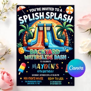Puede incluir: Una invitación vibrante para una fiesta acuática en el jardín. El diseño presenta un tobogán acuático colorido, palmeras y el texto "SPLISH SPLASH". Los detalles incluyen el nombre, la fecha, la hora y la información RSVP.