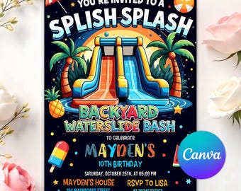 Waterslide Birthday Invitation, Boy Girl Splash Party Invite, Splash Birthday Evite, Water Slide Bash Modern Canva Template Boy Girl